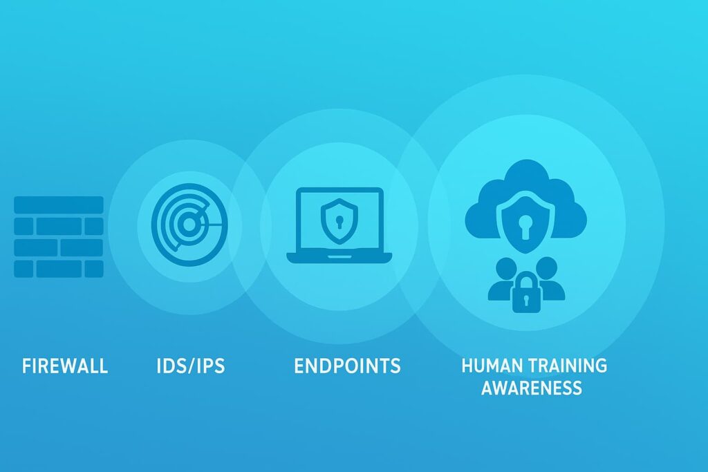 Securing Network Perimeter Firewall with multilayer defense including IDS, endpoints, cloud, and awareness.