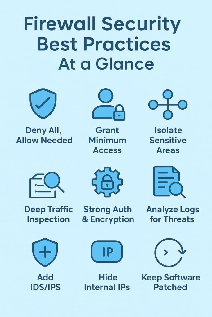 Securing Network Perimeter Firewall with best practices like access control, monitoring, and regular updates.