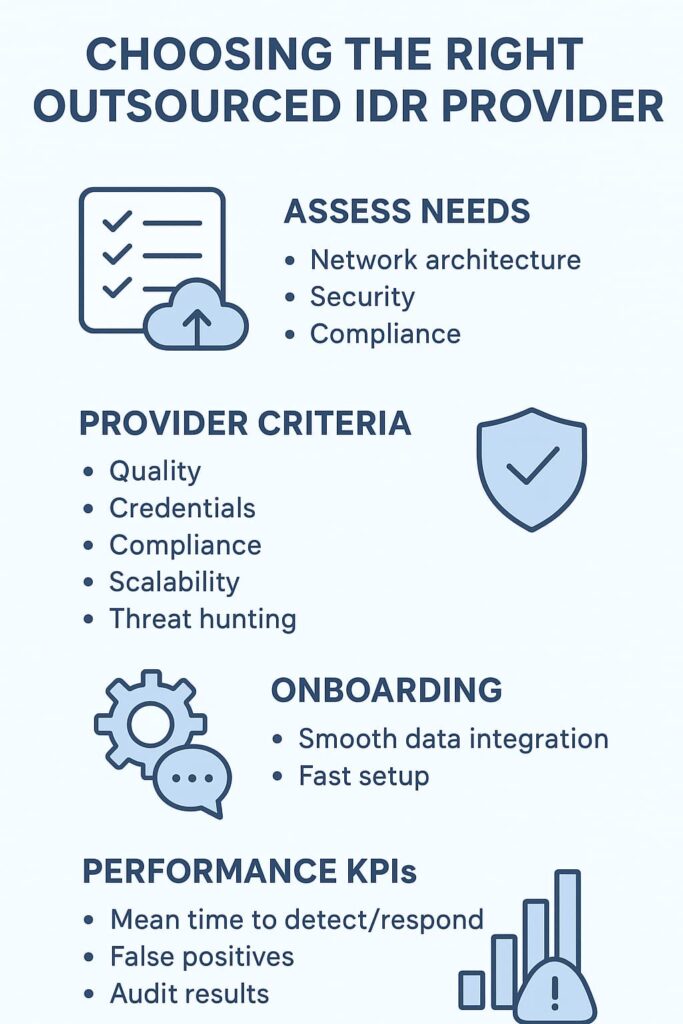 Infographic on choosing the right Outsourced Intrusion Detection Monitoring provider with key criteria and KPIs