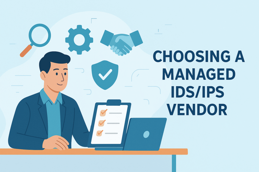 Illustration of a person choosing a managed IDS/IPS vendor, with icons for search, collaboration, and expertise, emphasizing the importance of vendor selection.