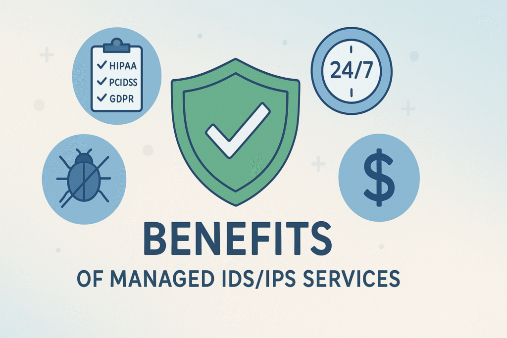 Icons representing HIPAA, PCIDSS, GDPR, and 24/7 availability, highlighting the key features and compliance aspects of managed IDS/IPS services.