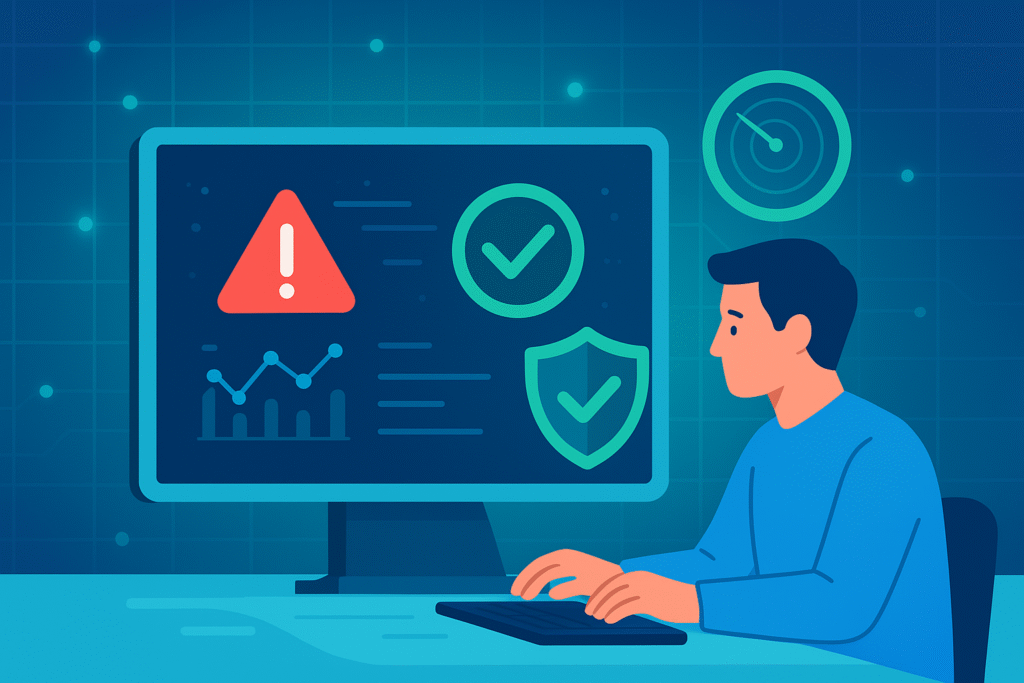 Illustration of a person monitoring an IDS/IPS dashboard with security indicators, demonstrating the benefits of managed IDS/IPS services.