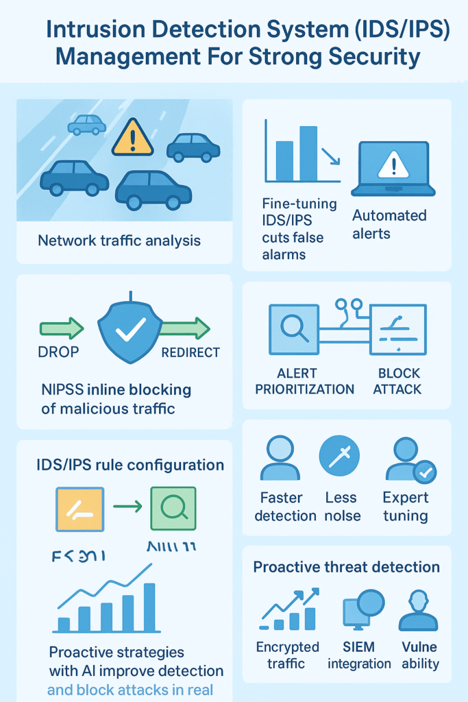 Infographic on Intrusion Detection System (IDS/IPS) Management for Strong Security, featuring network traffic analysis, fine-tuning, automated alerts, and NIPSS inline blocking.