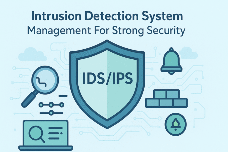 Intrusion Detection System (IDS/IPS) shield icon, surrounded by symbols for network security, proactive threat detection, and security management, conveying the core functionality of IDS/IPS systems.