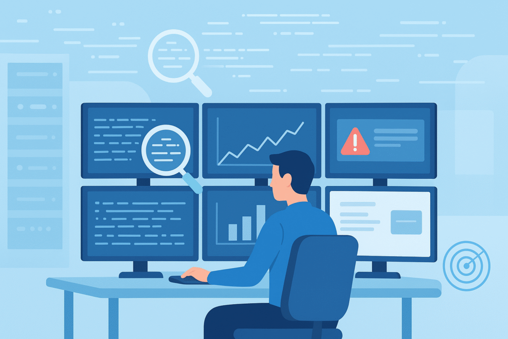 A network security analyst monitoring multiple screens displaying security analytics, illustrating the real-time threat detection and incident response capabilities of a managed IDS/IPS service.