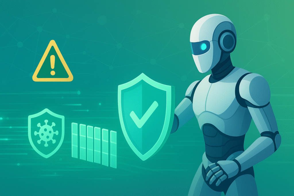 A robot figure symbolizing the advanced security features of a managed IDS/IPS service, including threat detection, intrusion prevention, and data protection.