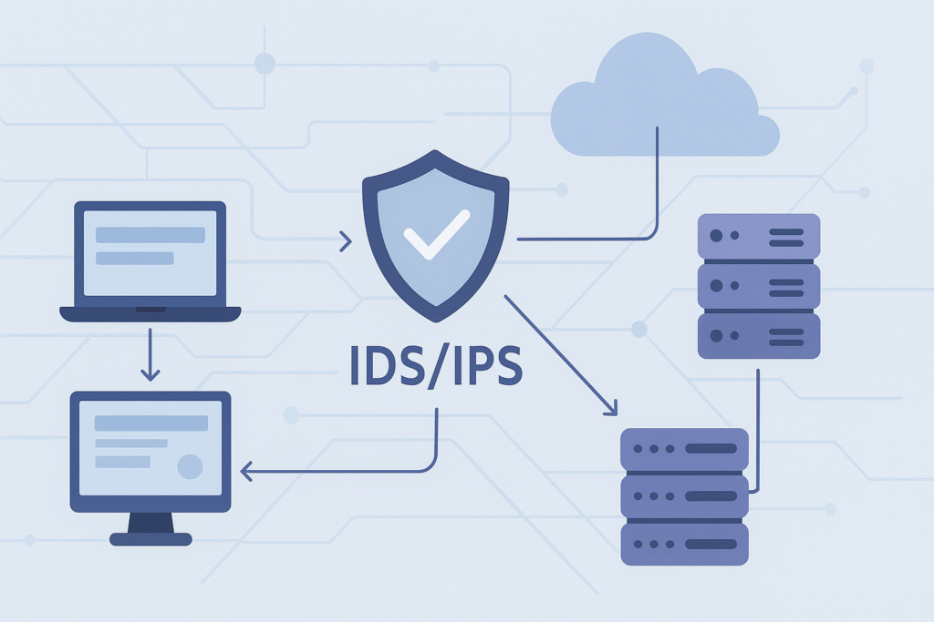 An illustration of the IDS/IPS service, with a laptop, server racks, and various security icons, representing the benefits of a managed solution.