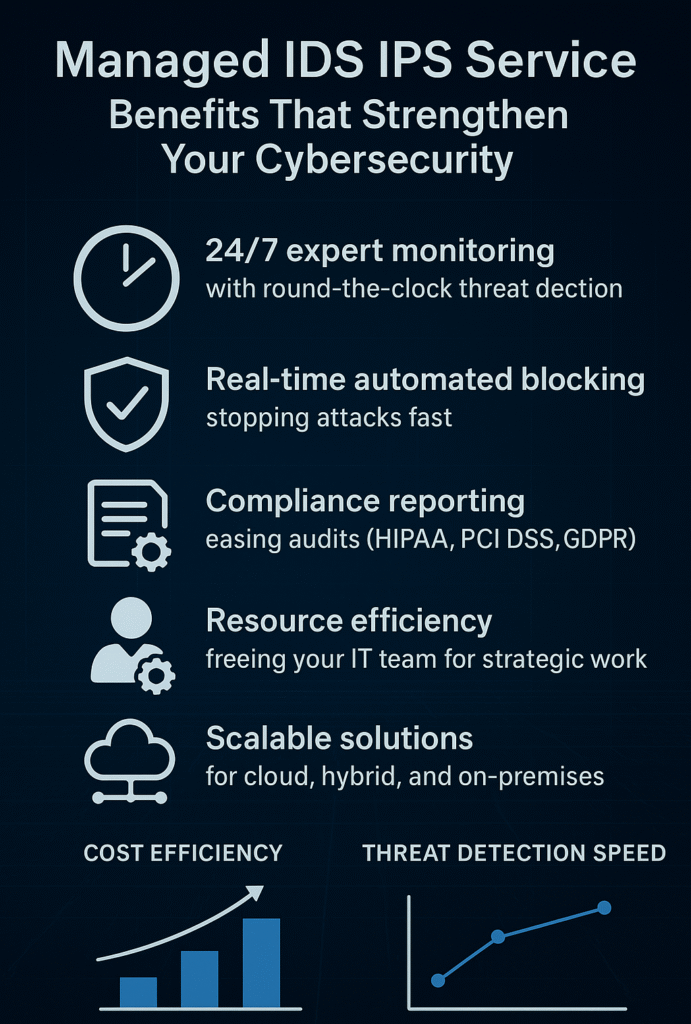 Managed IDS/IPS Service Benefits - 24/7 expert monitoring, real-time automated blocking, compliance reporting, resource efficiency, and scalable solutions.