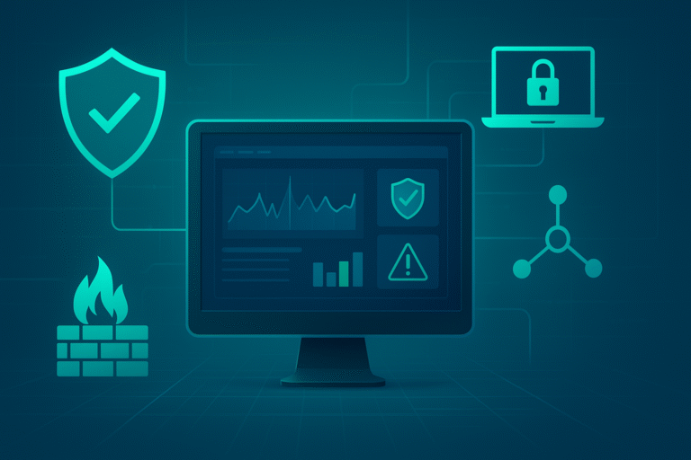 A computer screen displaying security dashboards and alerts, highlighting the benefits of a managed IDS/IPS service in terms of cost efficiency and threat detection speed.