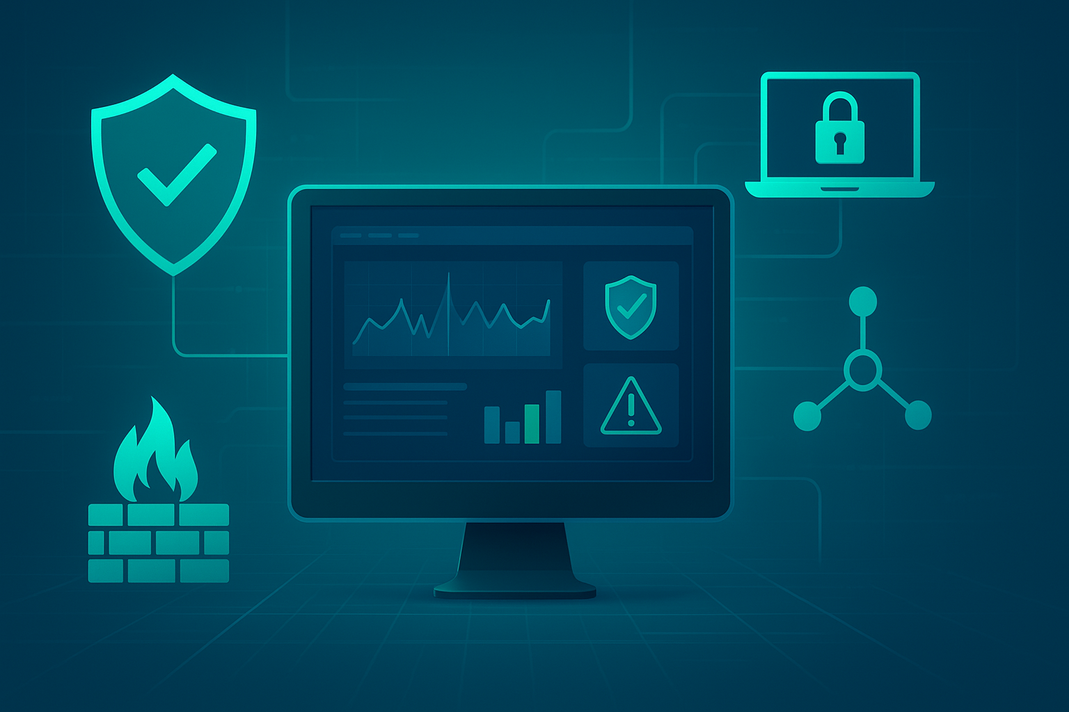 A computer screen displaying security dashboards and alerts, highlighting the benefits of a managed IDS/IPS service in terms of cost efficiency and threat detection speed.