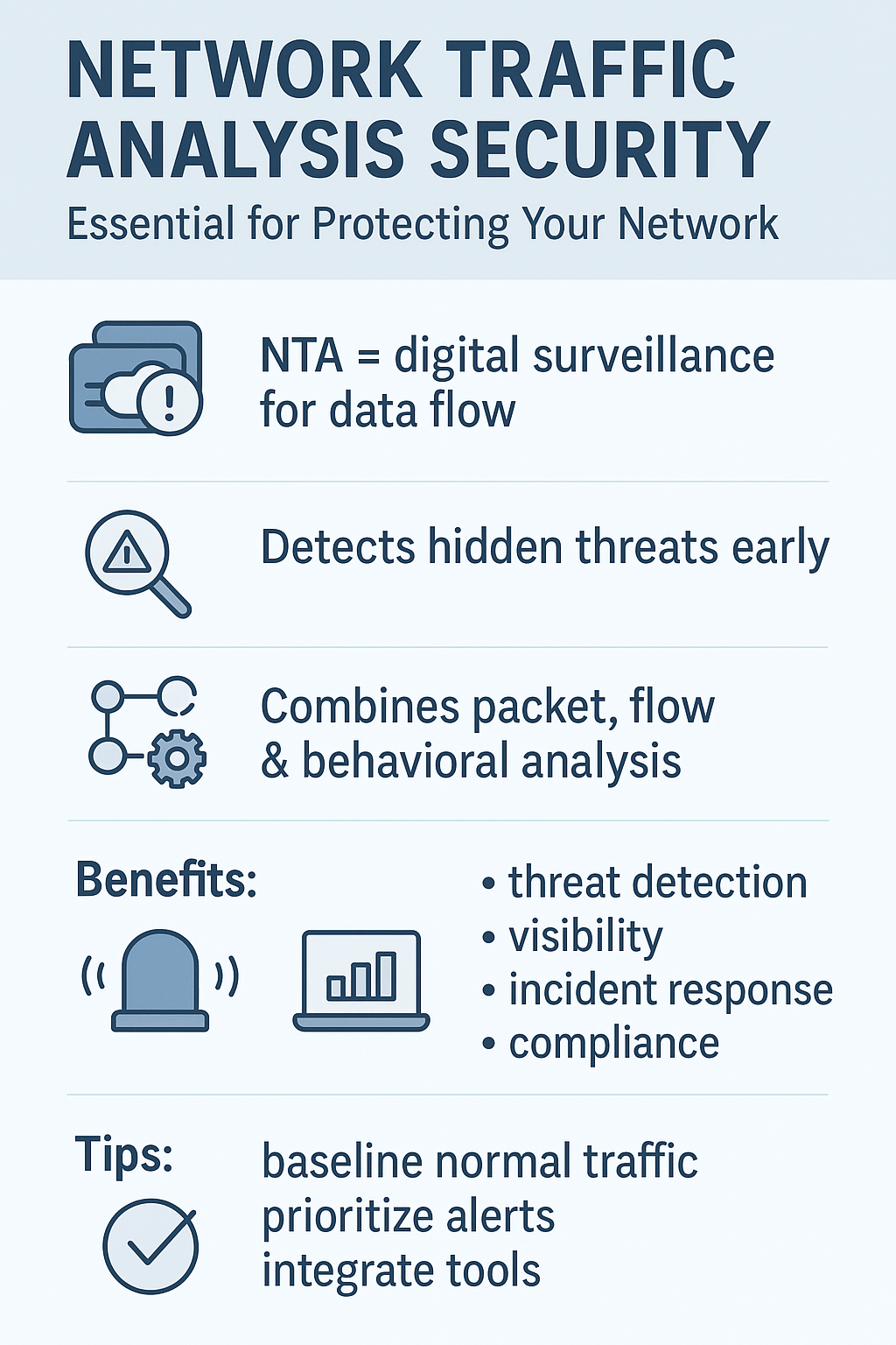 Network traffic analysis security - Essential for protecting your network. NTA = digital surveillance for data flow, detects hidden threats early, combines packet, flow & behavioral analysis.