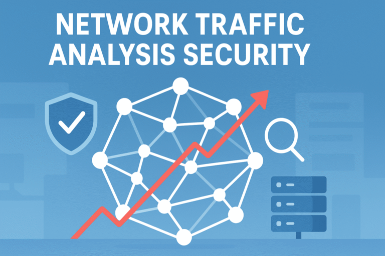A visual representation of network traffic analysis security, featuring a network diagram with an upward trending graph, indicating the importance of analyzing network traffic patterns to enhance security.