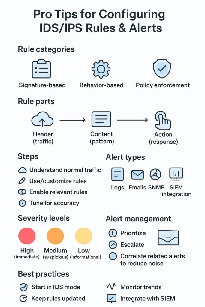 Infographic outlining pro tips for configuring IDS/IPS rules and alerts, including rule categories, rule parts, steps, alert types, severity levels, alert management, and best practices.