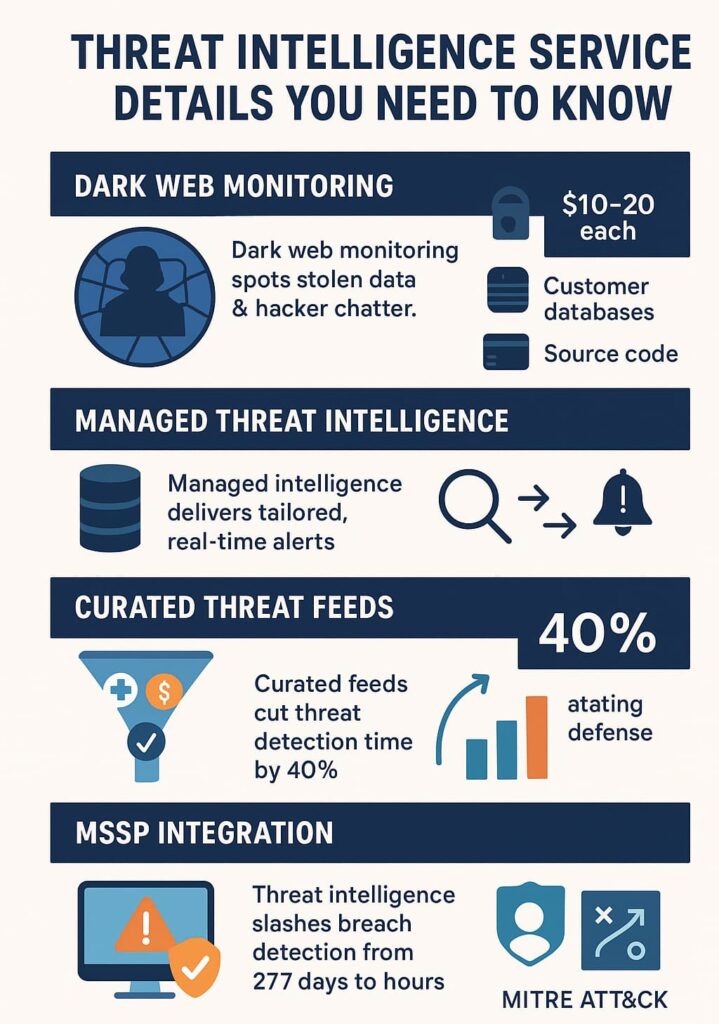 Infographic showcasing key details about Threat Intelligence Service Details, including dark web monitoring, managed threat intelligence, curated threat feeds, and MSSP integration.
