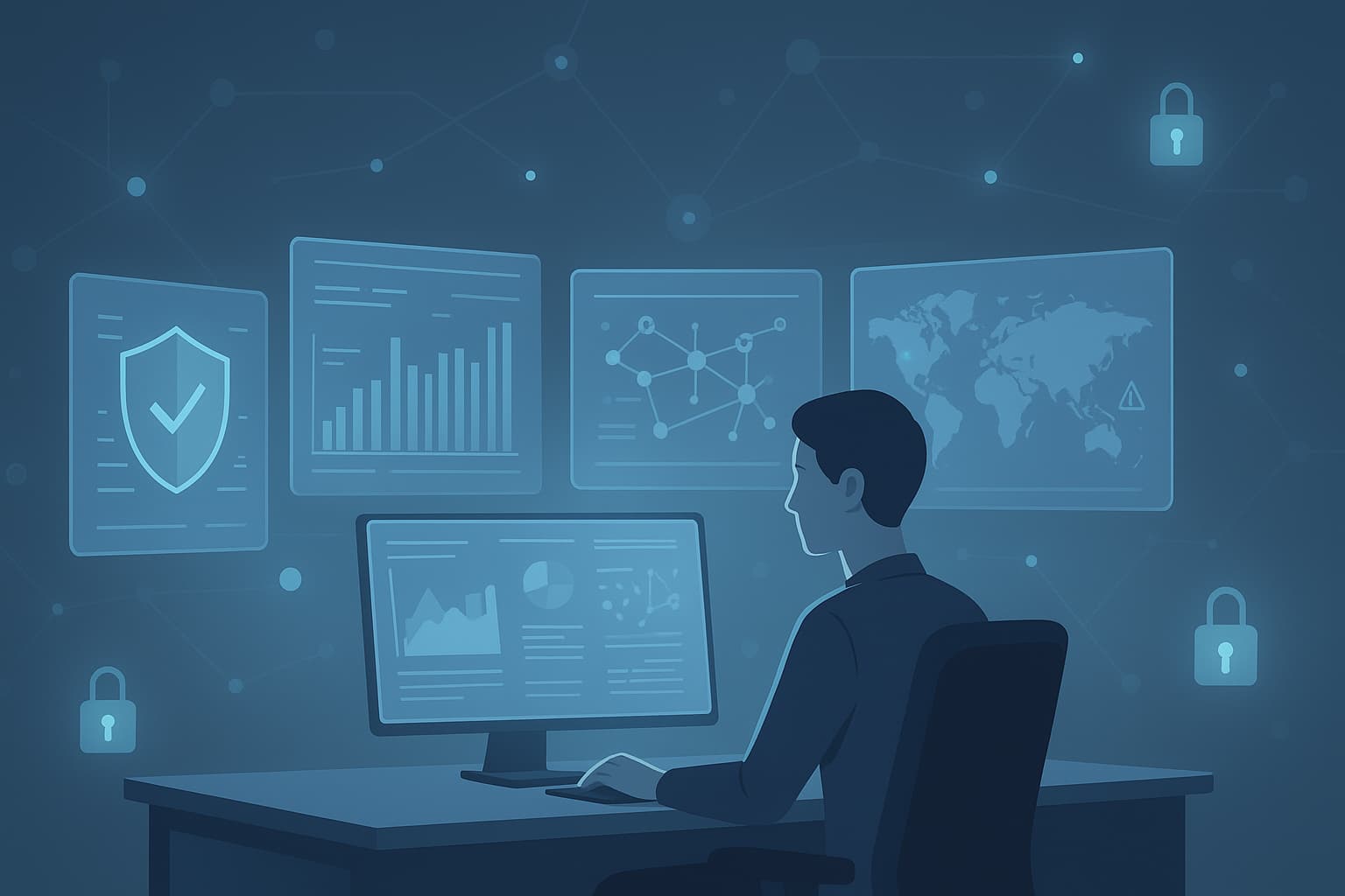 A person analyzes data on a computer screen, exploring what is managed threat intelligence in a secure environment.
