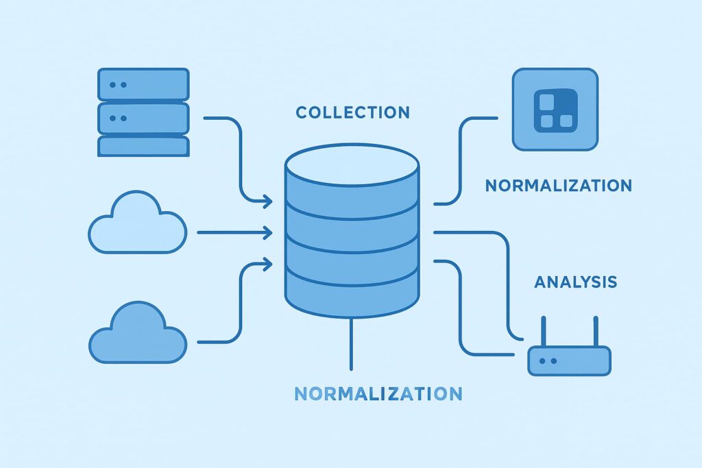 Centralized log management solution with data collection, normalization, and analysis processes depicted in a blue-toned diagram.