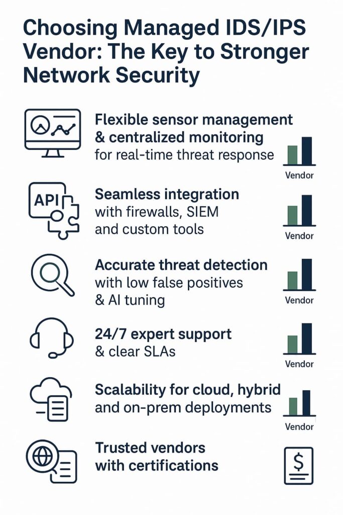 Infographic on choosing managed IDS/IPS vendor, highlighting key features for network security and vendor support.