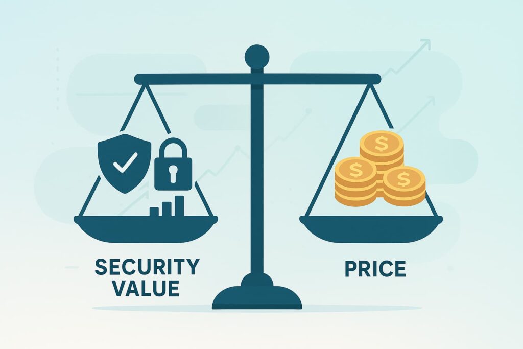 Illustration of a balance scale weighing security value against price, relevant for choosing managed IDs IPS vendor.