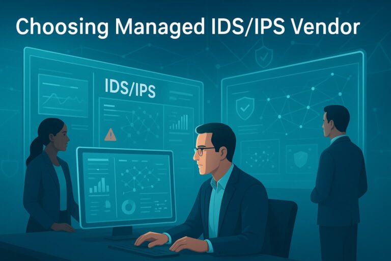 A professional evaluates data on a computer while discussing choosing managed IDS/IPS vendor with colleagues.