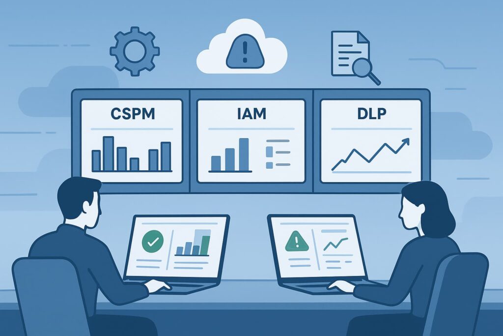Cloud-based security compliance monitoring dashboard with CSPM, IAM, and DLP analytics displayed on screens.