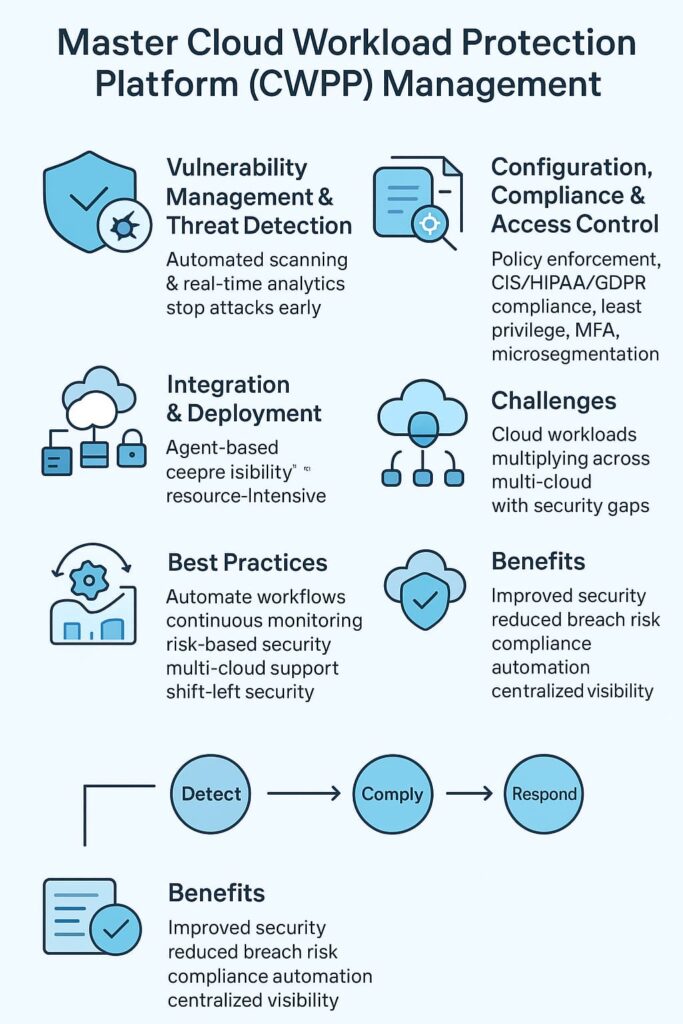 Infographic on cloud workload protection platform (CWPP) management, covering security strategies and compliance measures.