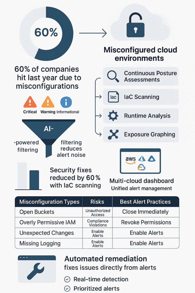 Infographic detailing detecting cloud misconfigurations alerts and their impact on security in cloud environments.