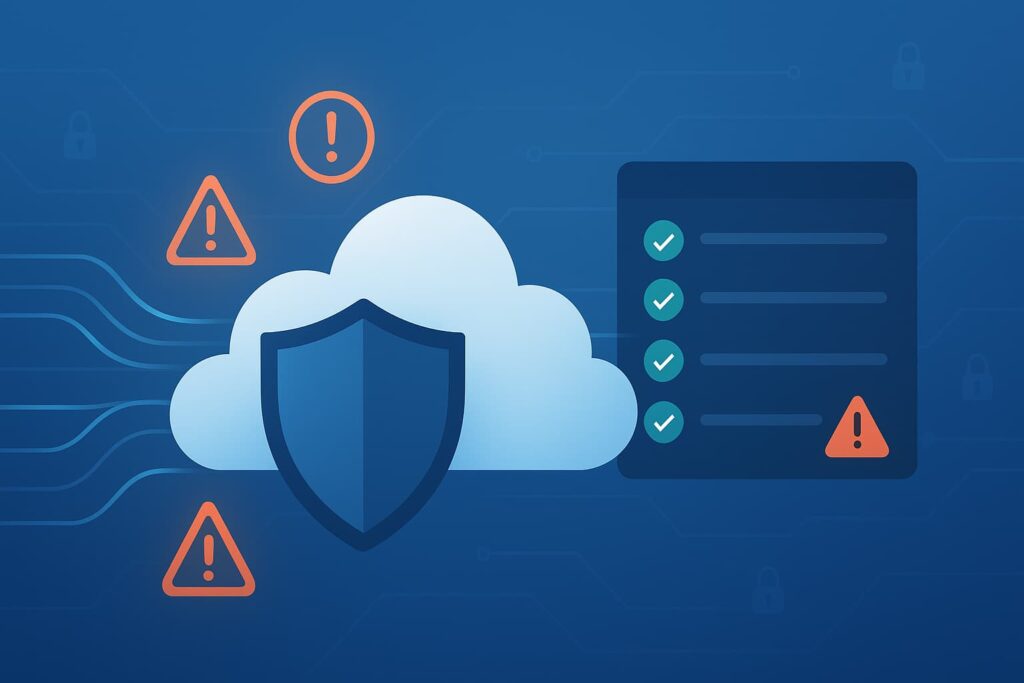 Illustration of a cloud with a shield and alerts, representing detecting cloud misconfigurations alerts.
