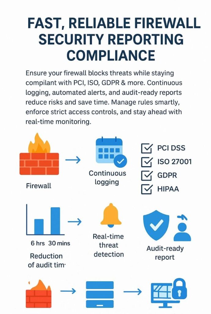 Firewall security reporting compliance: Fast, reliable firewall protection with continuous monitoring, automated alerts, and audit-ready reports to ensure compliance and minimize risks.