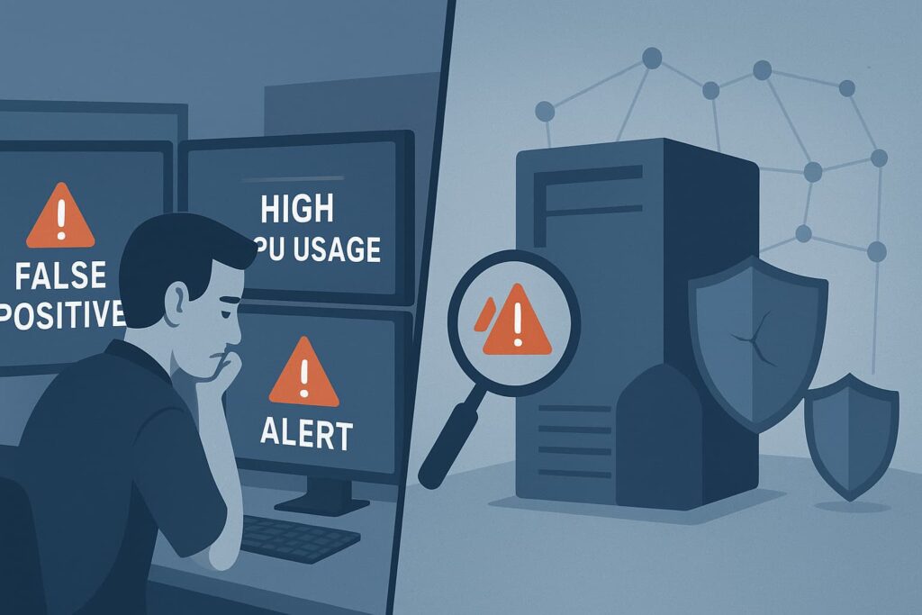 Illustration showing host based intrusion detection (HIDS) with alerts for false positives and high CPU usage.