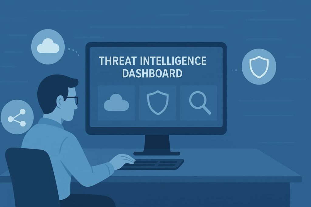 A man sits at a computer monitor displaying a "Threat Intelligence Dashboard" with icons for cloud, shield, and search. The image conveys the concept of cybersecurity and threat intelligence services Details.