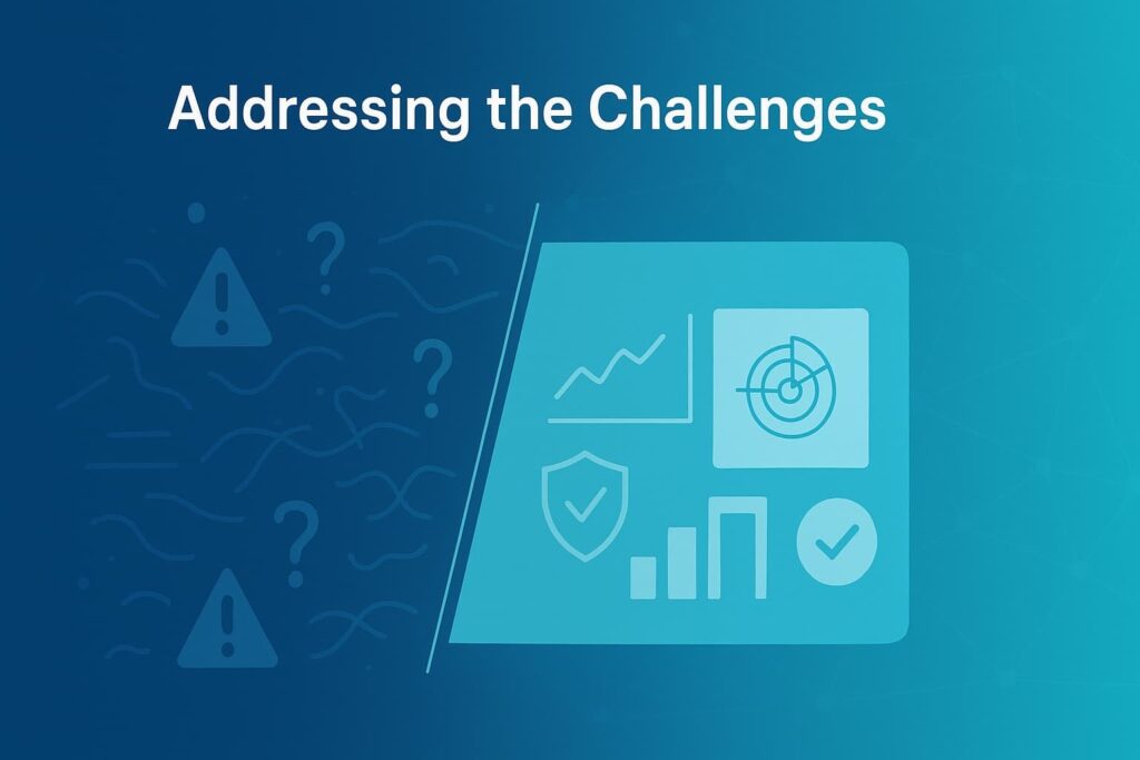 The image depicts an infographic titled "Addressing the Challenges", which showcases various analytics and security icons, suggesting the benefits of using curated threat intelligence feeds to address security challenges.