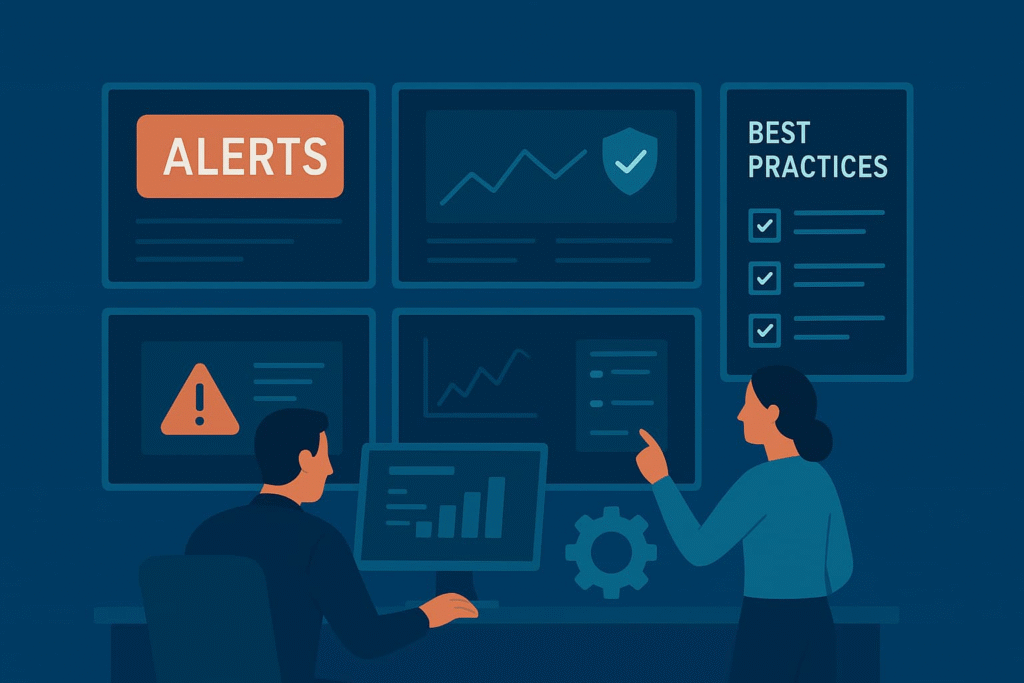 The image depicts a digital workspace showcasing various security-related components, including alerts, data visualizations, and best practices.