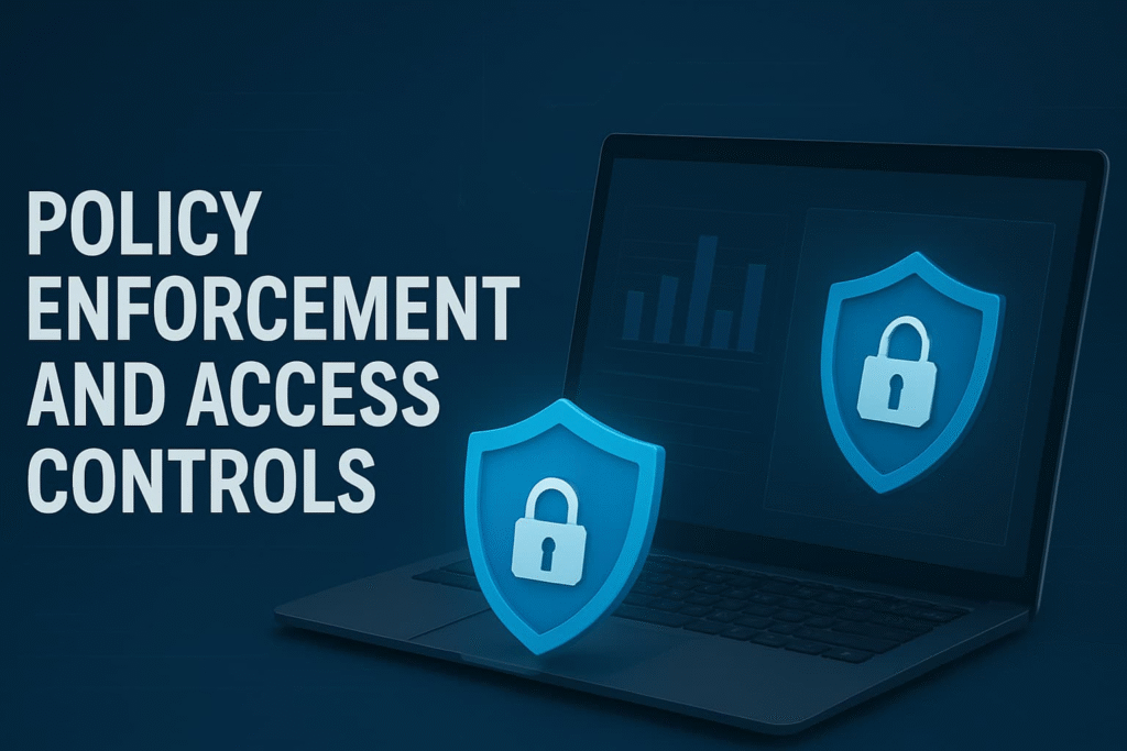 Firewall security compliance through policy enforcement and access controls - a laptop displaying security analytics and shields, emphasizing the importance of robust firewall rule management and privileged access governance.