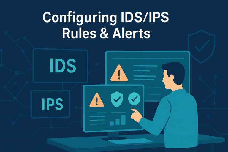 Illustration of a cybersecurity professional configuring intrusion detection and prevention system (IDS/IPS) settings on a desktop computer.