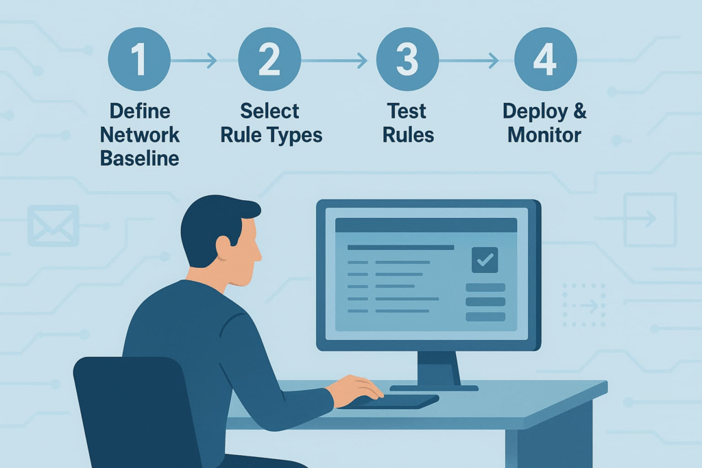  The image depicts a step-by-step process for network security management, including defining a baseline, selecting rule types, testing rules, and deploying and monitoring the system. A person is shown sitting at a desk interacting with a computer screen displaying the steps.