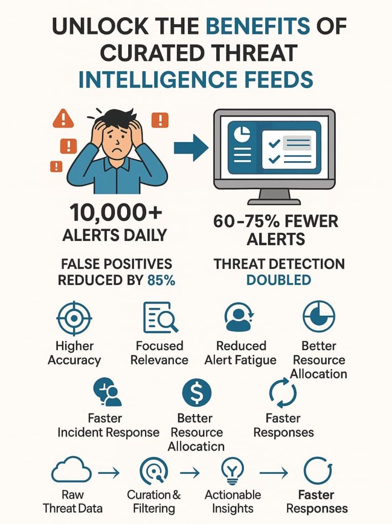 Infographic highlighting the benefits curated threat intelligence feeds, including reduced alerts, improved accuracy, and faster responses.