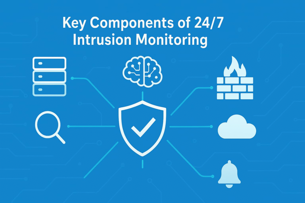 Illustration of key components for 24/7 intrusion monitoring analysis, including servers, firewall, and cloud icons.