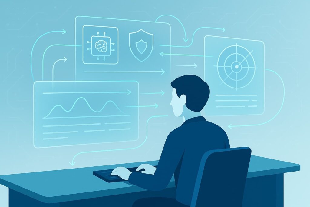 Illustration of a person using a computer to access actionable threat intelligence mssp, an essential service provided.