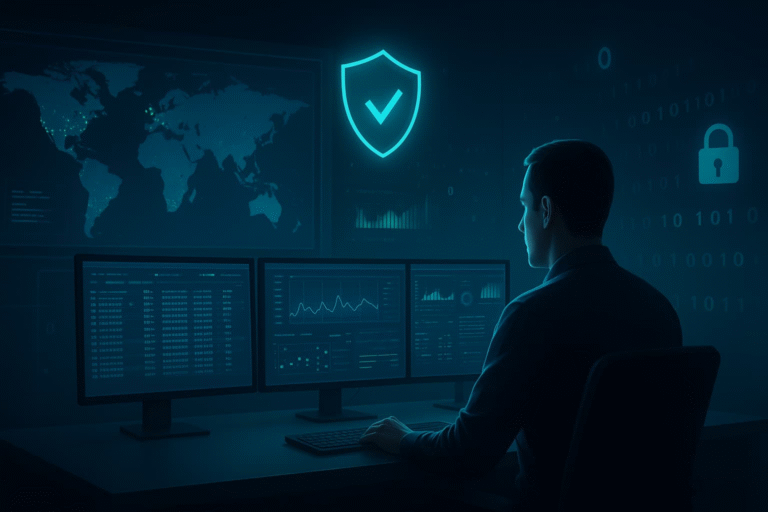 A person monitors data on multiple screens in a dark room, representing 24/7 intrusion monitoring analysis.