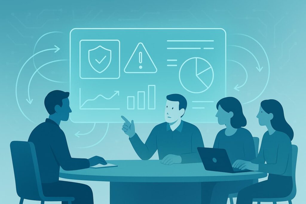 Actionable threat intelligence MSSP - business team discussing data analytics and security measures on interactive display.