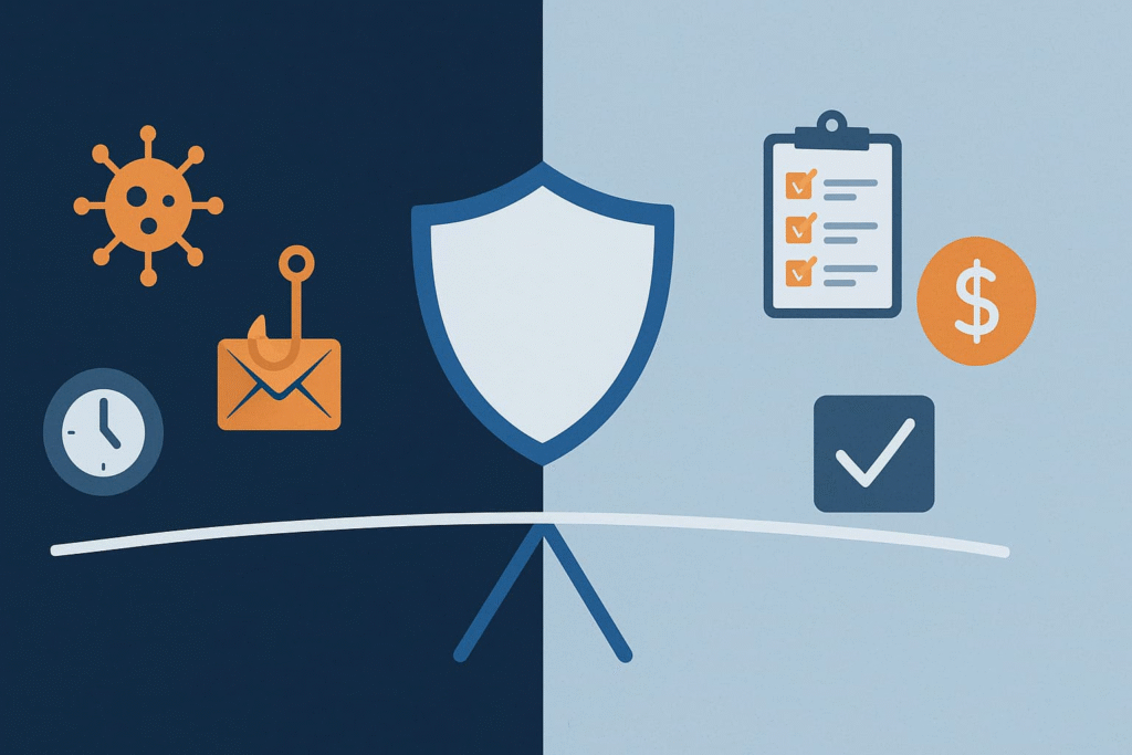 Graphic balancing threats like phishing and malware with shield, symbolizing 24/7 intrusion monitoring analysis benefits.