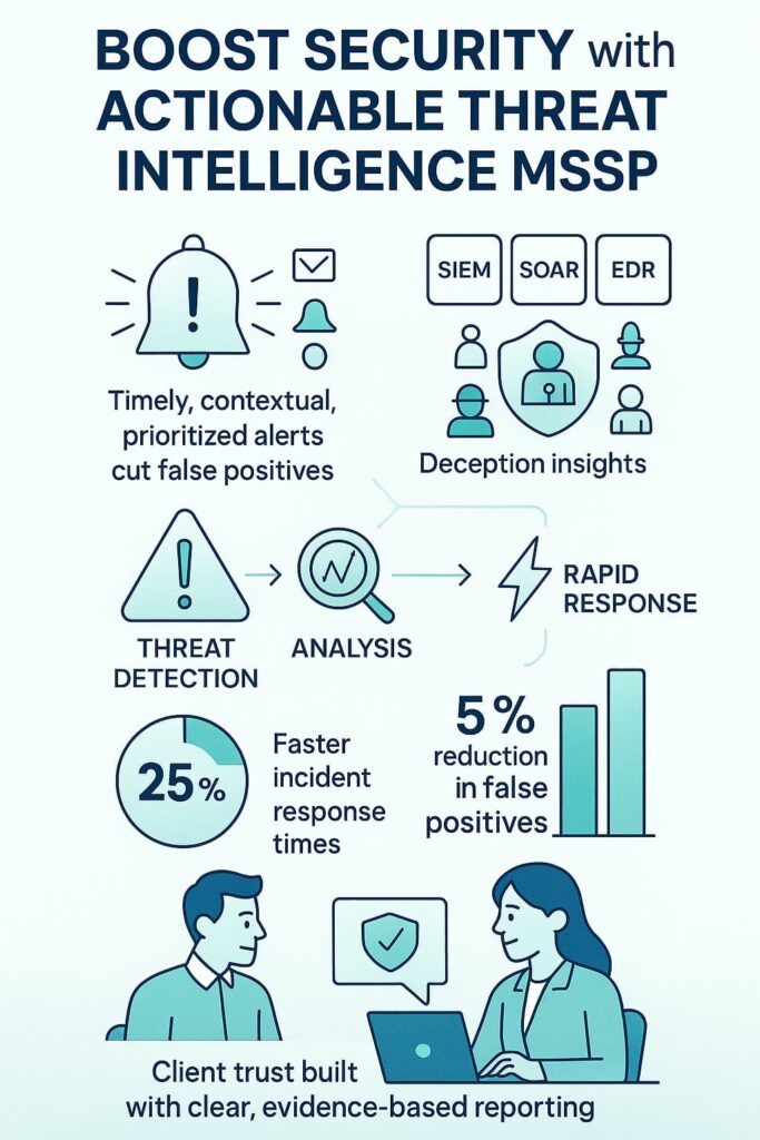 Actionable threat intelligence MSSP - Infographic showcasing how MSSP services can boost security through timely alerts, deception insights, and rapid response.