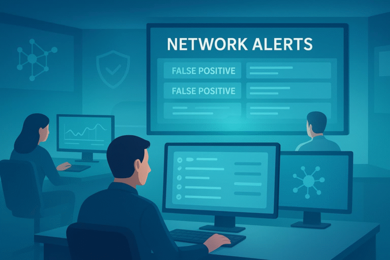 Team monitoring network alerts focused on reducing false positive IDs alerts in a tech environment.