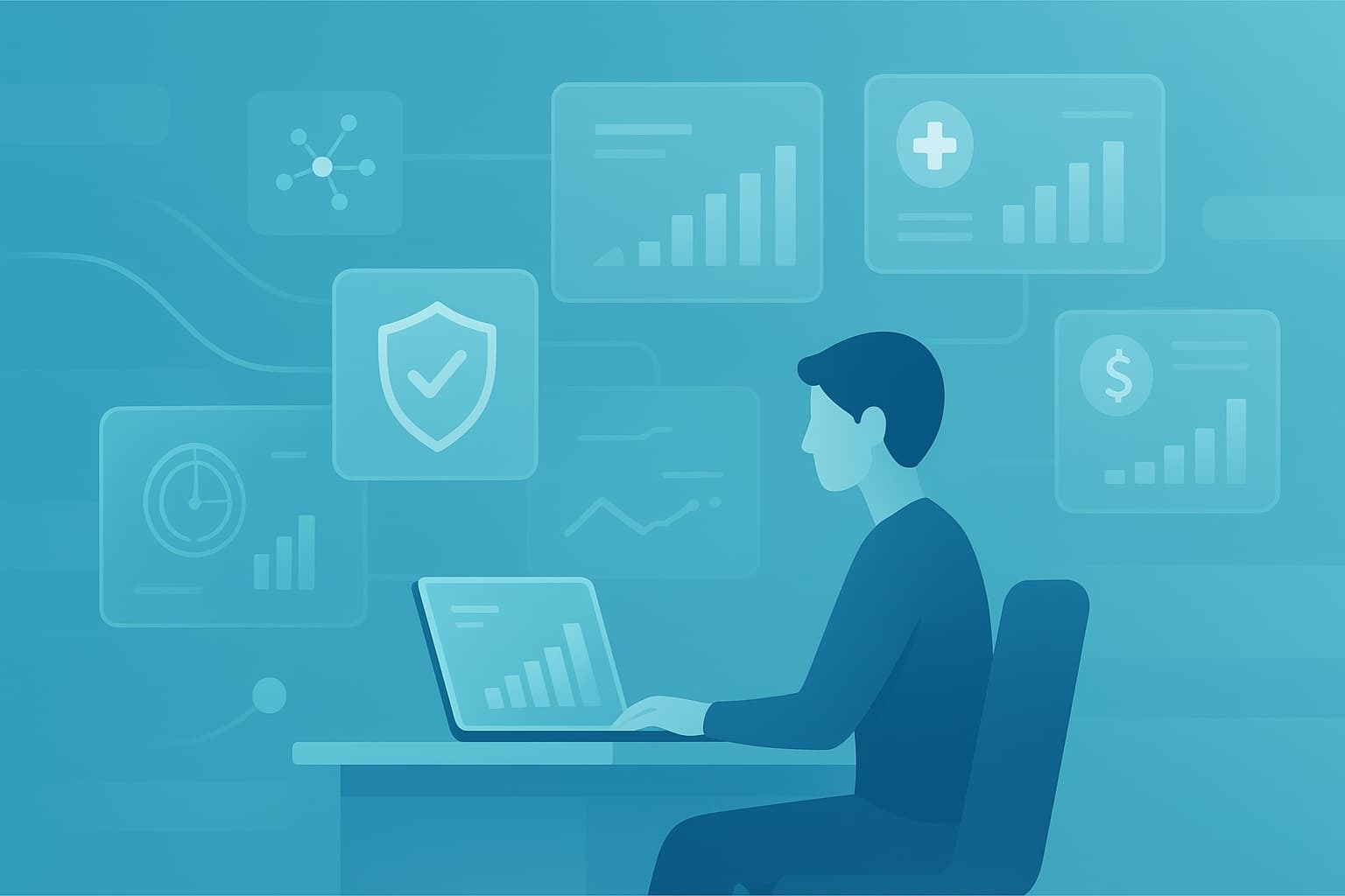 Cybersecurity analyst monitoring industry specific threat feeds across finance, healthcare, and energy dashboards.