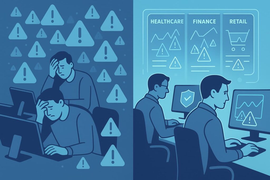Illustration showing the impact of industry specific threat feeds on cybersecurity, with stressed workers managing alerts.
