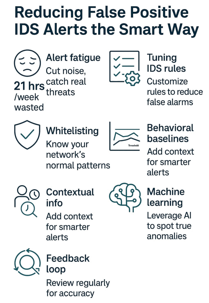  Infographic on reducing false positive IDS alerts, featuring strategies like tuning rules, whitelisting, and machine learning.