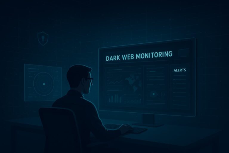 A person sitting at a computer monitoring a dark web monitoring service surveillance dashboard displaying alerts and analytics.