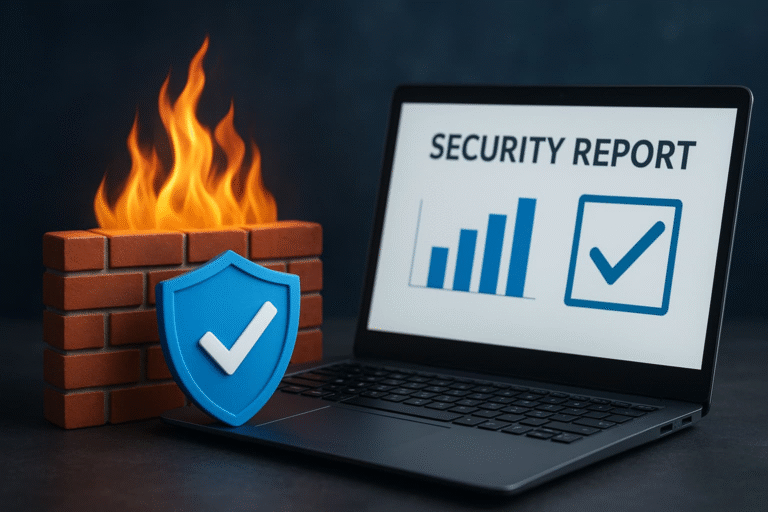 Firewall security report with laptop, shield, and burning bricks symbolizing the importance of compliance and network protection.