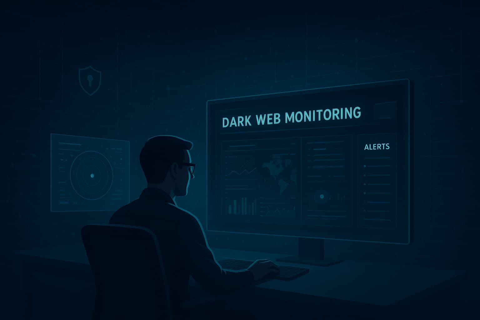 A person sitting at a computer monitoring a dark web monitoring service surveillance dashboard displaying alerts and analytics.