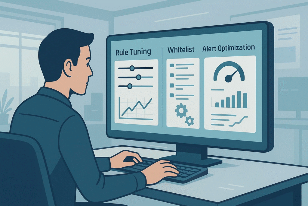 A person analyzing data on a monitor, focusing on strategies for reducing false positive IDs alerts.